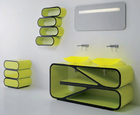 Bandini vanity Atmosfera in Lemon Green with matching mirror and shelves