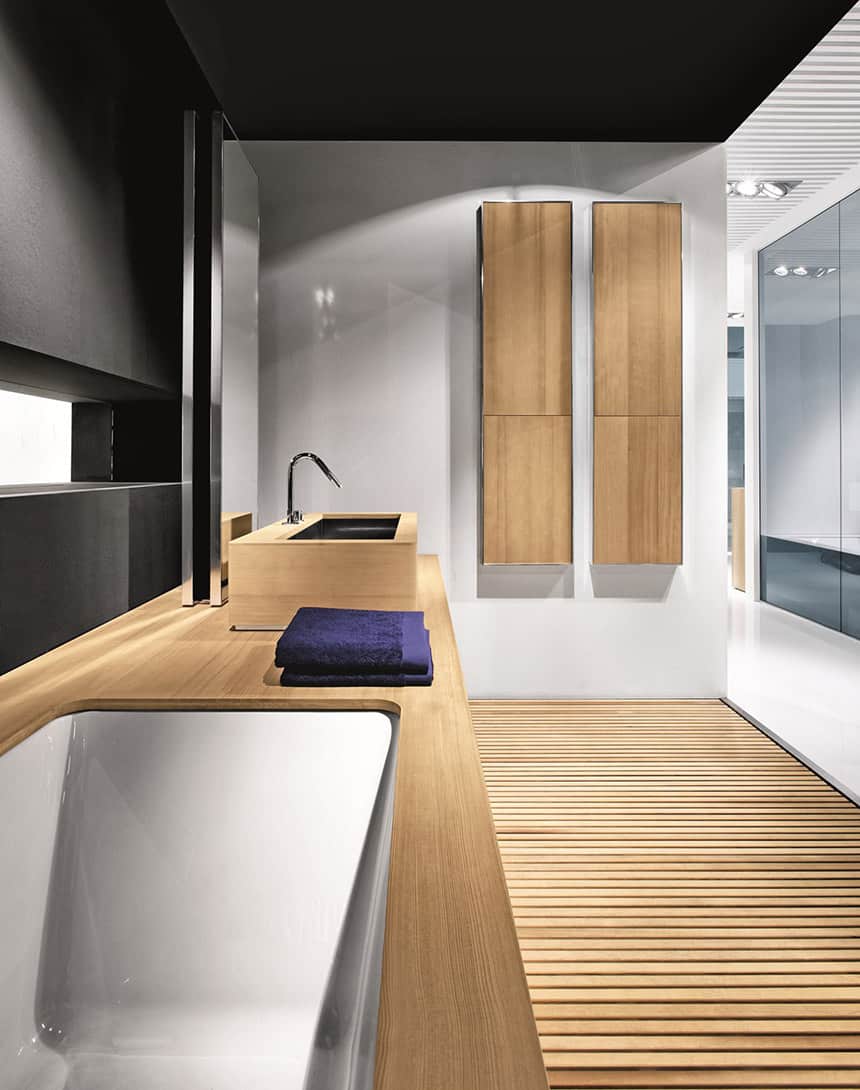 ergonomic bathroom system from makro integrates bathtub shower sink mirror and cabinets 4