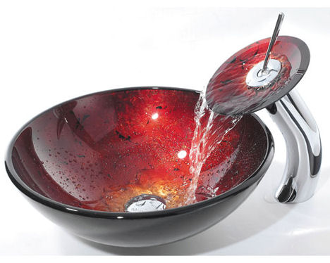 Glass vessel sink and waterfall faucet combo from Kraus – in colour changing Galaxy Fire Red