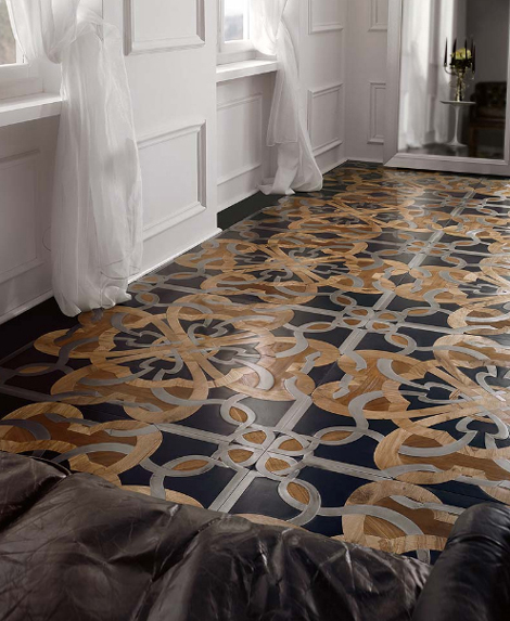 parchettificio wood floor mosaic calimala 1 Wood Floor Mosaic with steel and stone inserts by Parchettificio