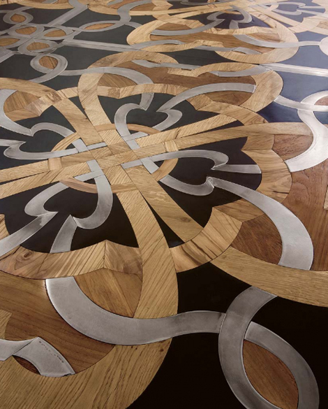 parchettificio wood floor mosaic calimala 2 Wood Floor Mosaic with steel and stone inserts by Parchettificio