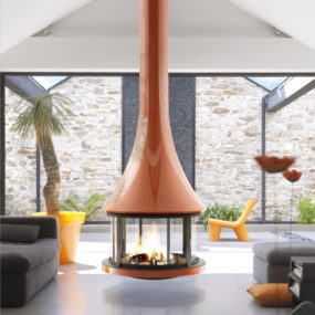 Round Suspended Fireplace with Glossy Burnt Orange Finish