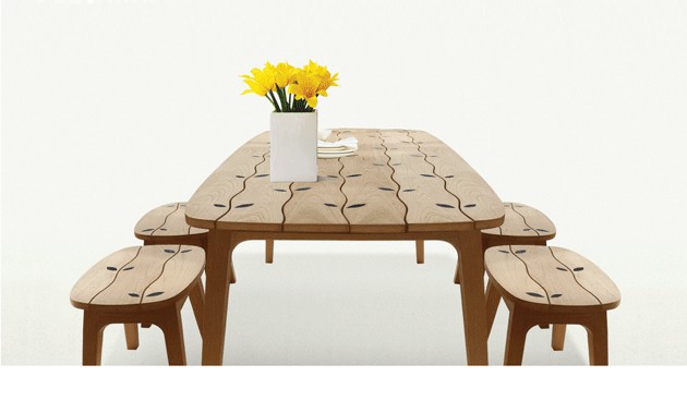 Wood Inlaid Dining Table Set for Indoors and Outdoors by Deesawat