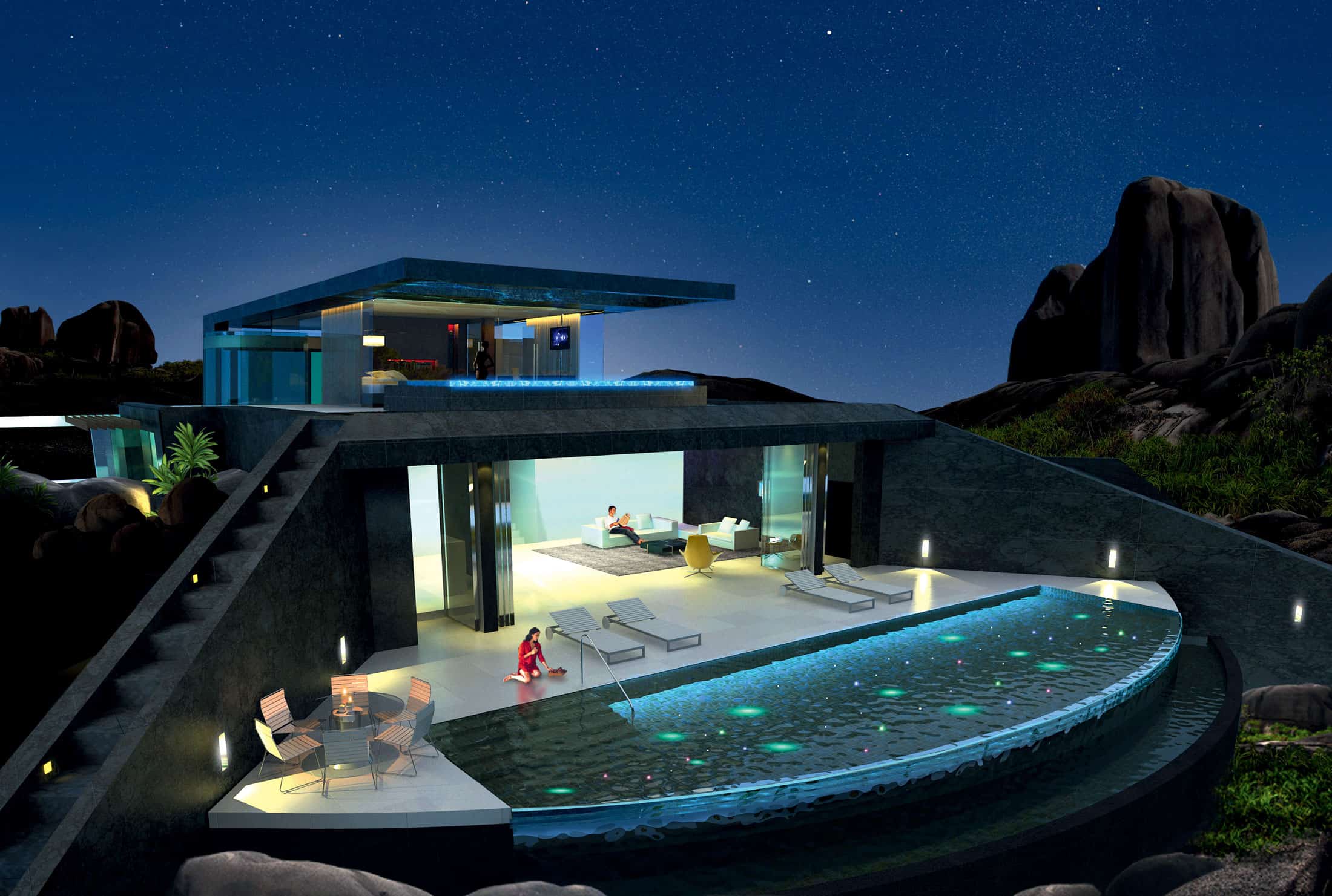 Home with Infinity Pool and Glass Bottomed Pool Rendered in 3D