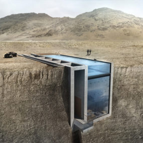 悬崖边的未来主义住宅，屋顶有游泳池