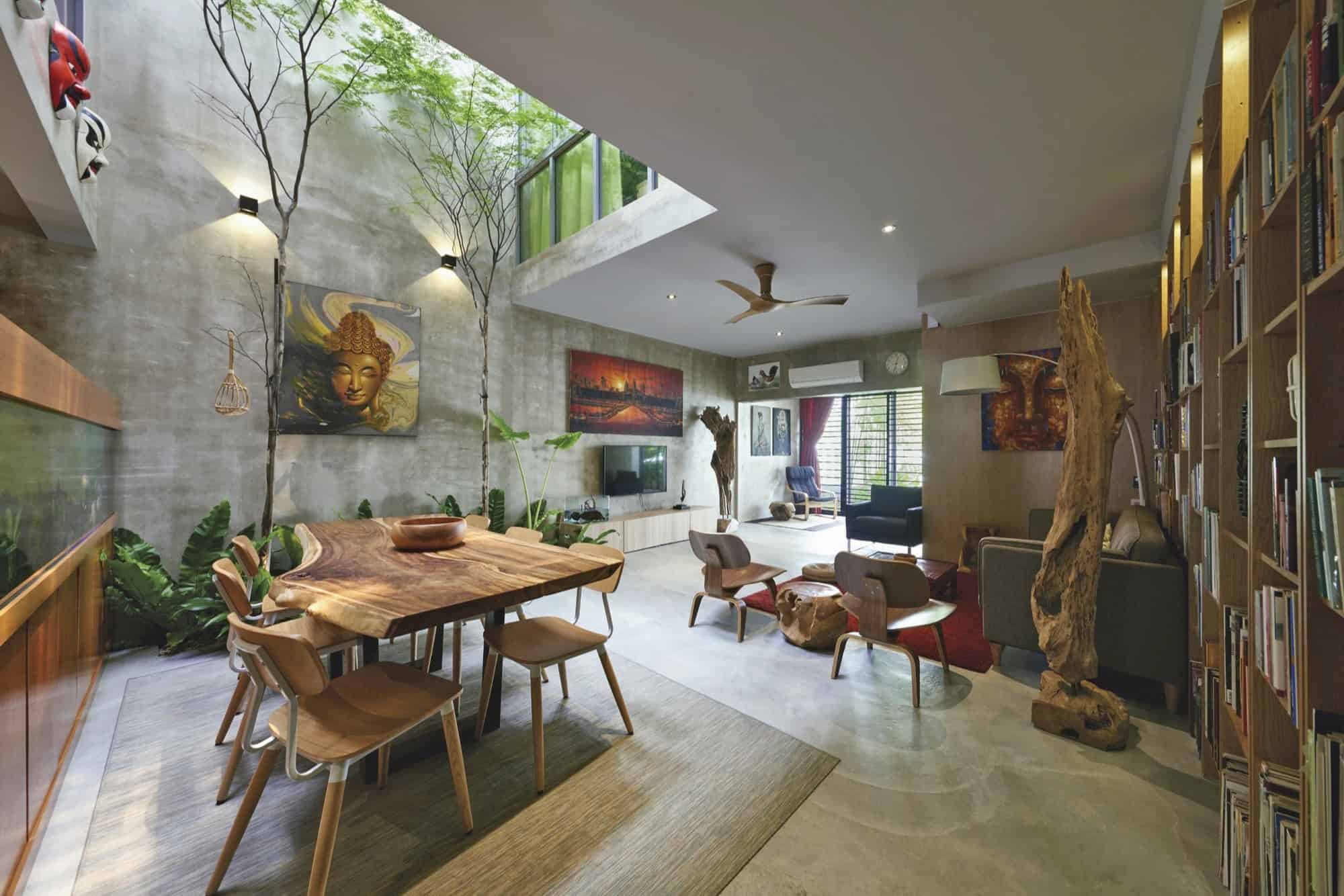 trees and shrubs create faux courtyard inside house