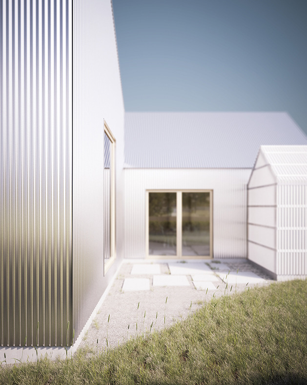 gabled aluminium home corrugated minimalist facade 2 greenhouse thumb autox787 38289 Gabled Aluminum Home with Corrugated Minimalist Facade