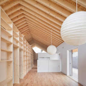 House With Exposed Timber Rafters And Bookshelf Columns