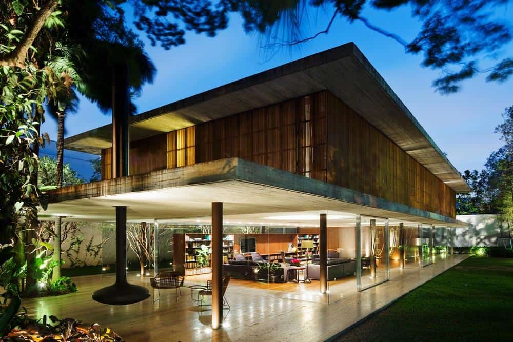Long Glass House With Folding Wooden Facade