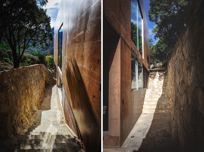 mountainside home made with aged materials 13 path stairs