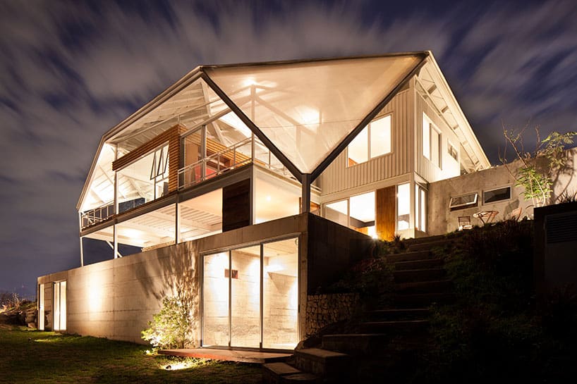 outdoor living house under geometric canopy 5 rear below night