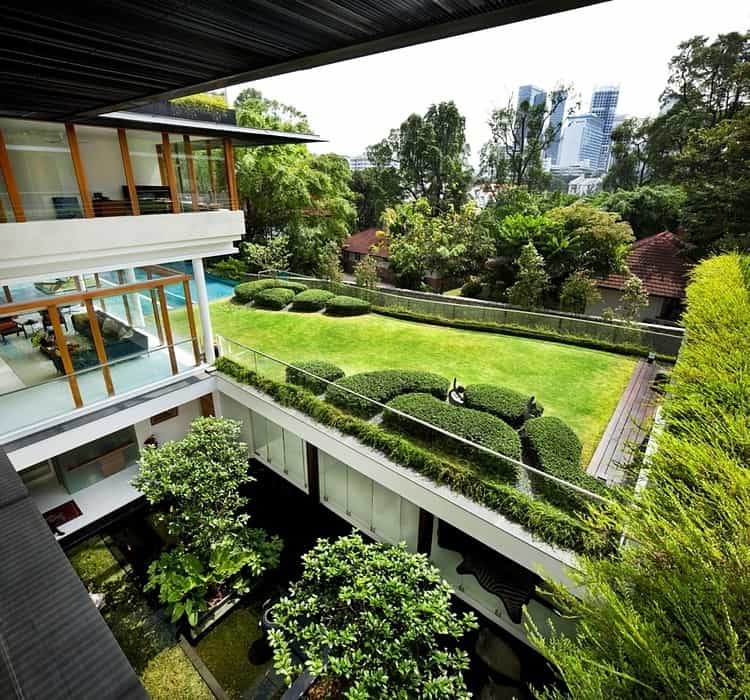 rooftop lawn house with huge glass walls 5 lawn from above