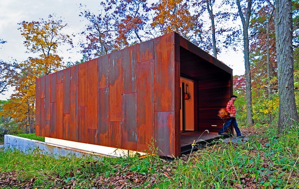 rustic country music studio of glass and rusted steel 2
