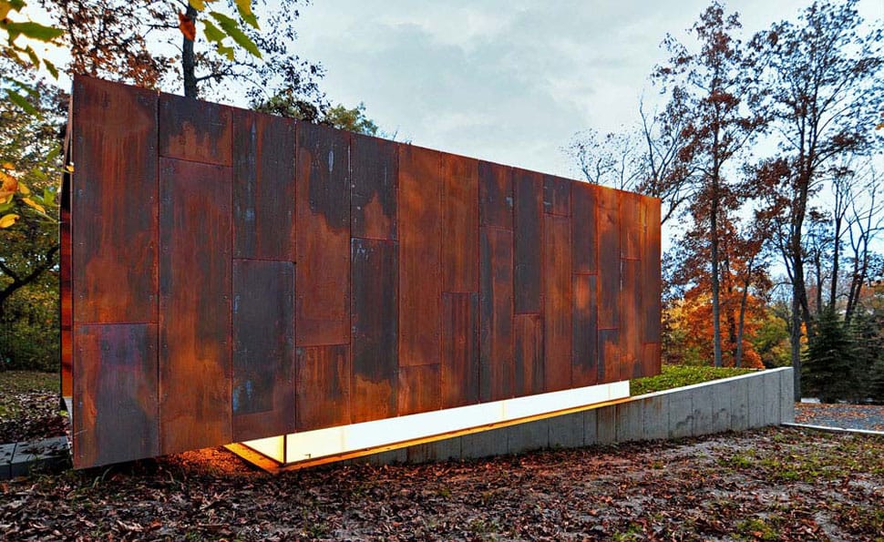 rustic country music studio of glass and rusted steel 6
