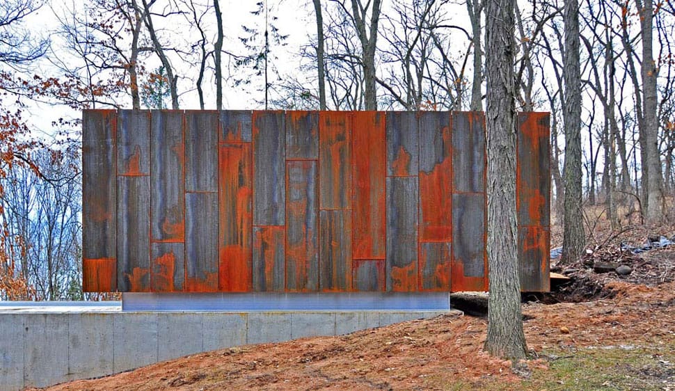 rustic country music studio of glass and rusted steel 7