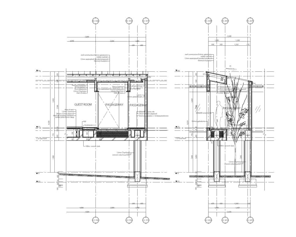 skewed linear house plan integrates trees and architecture 17