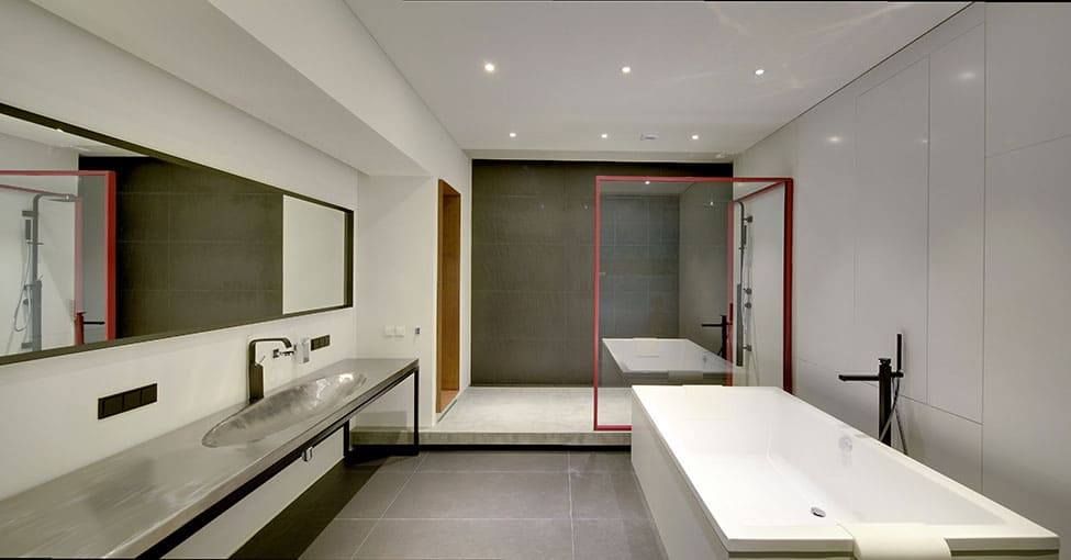 contemporary open plan loft pale colour palette 18 bath