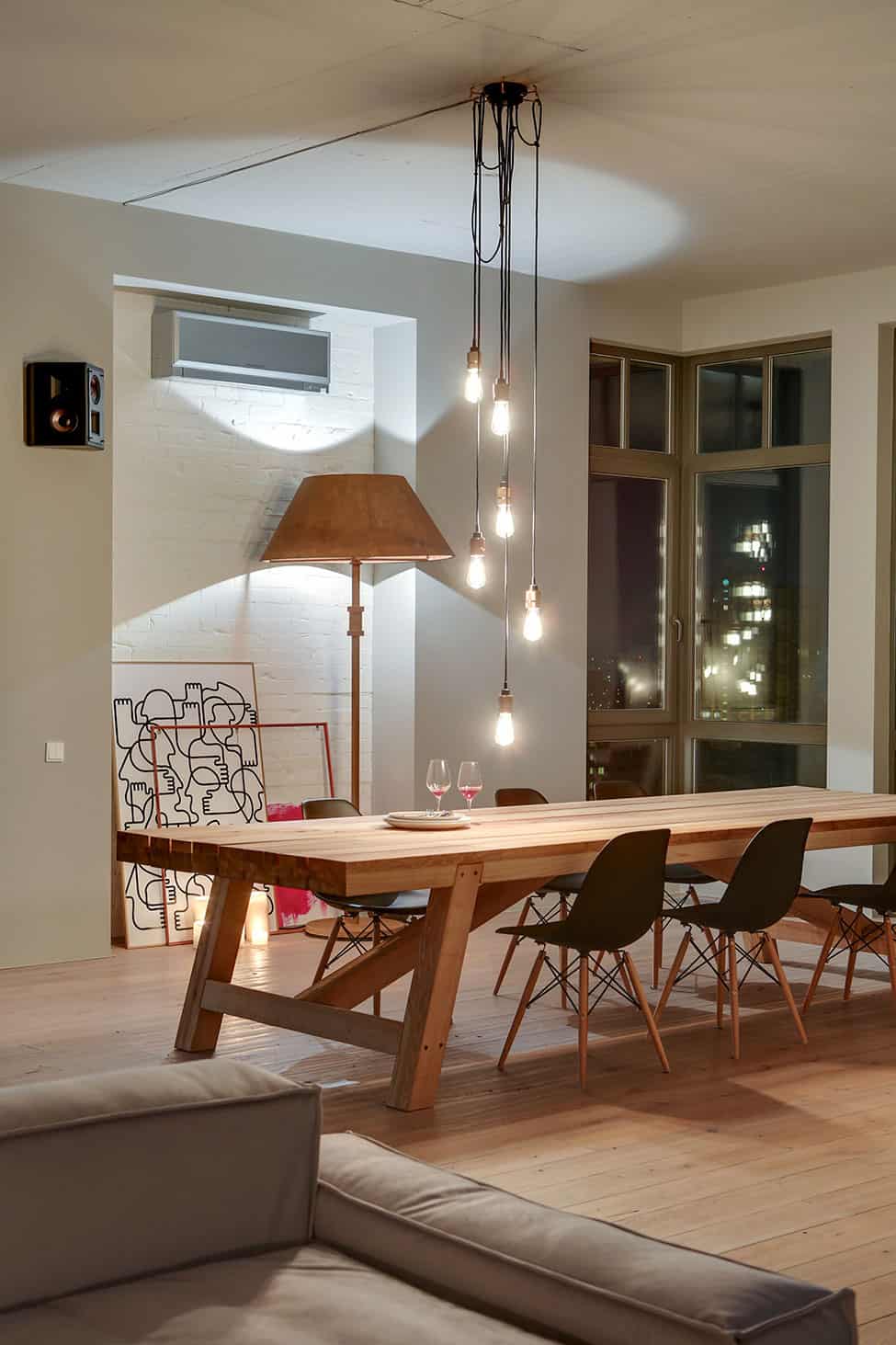 contemporary open plan loft pale colour palette 6 dining