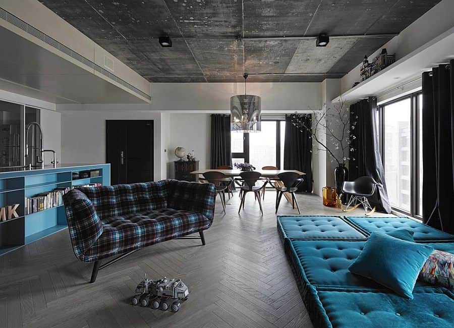 Black, Grey and Blue Living Room Filled with Roche Bobois and Vitra furniture