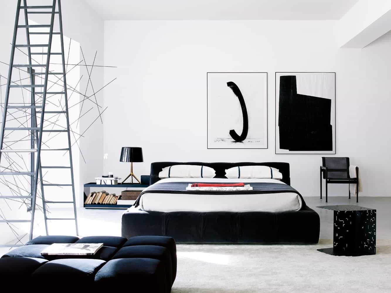bedroom with black color accents bb italia tufty bed