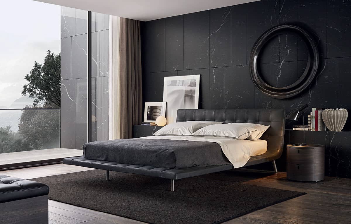 modern bedroom with black wall and black bed poliform onda
