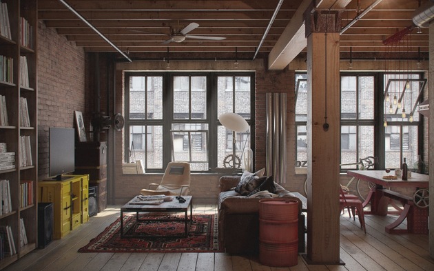 Industrial Urban Masculine Apartment Nordes Living Area thumb 630x393 14654 Industrial Influence Abound In Urban Masculine Apartment By Nordes