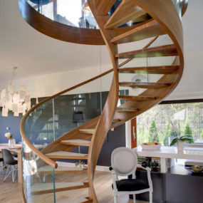Contemporary Spiral Staircase in Wood and Glass