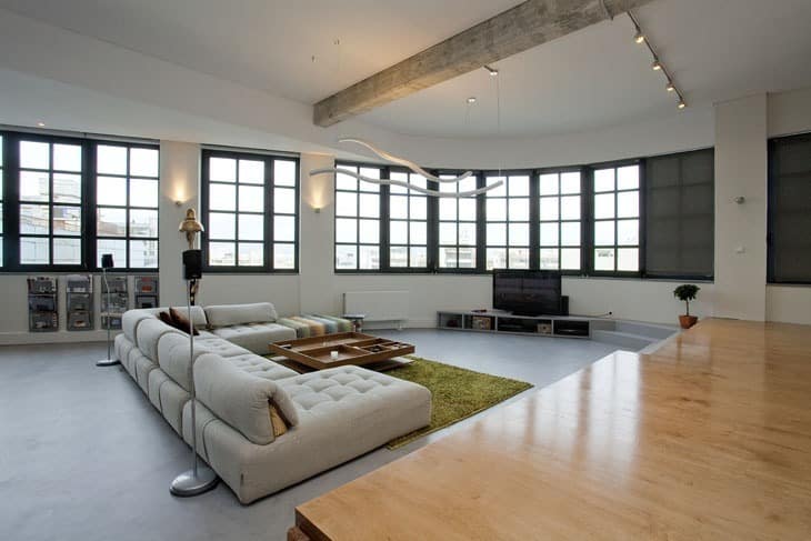 industrial loft with seating integrated into shelves 5 living area