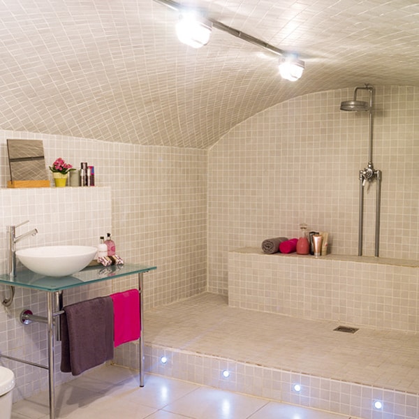 open shower bathroom design arched ceiling 1 Open Shower Bathroom Design with Arched Ceiling