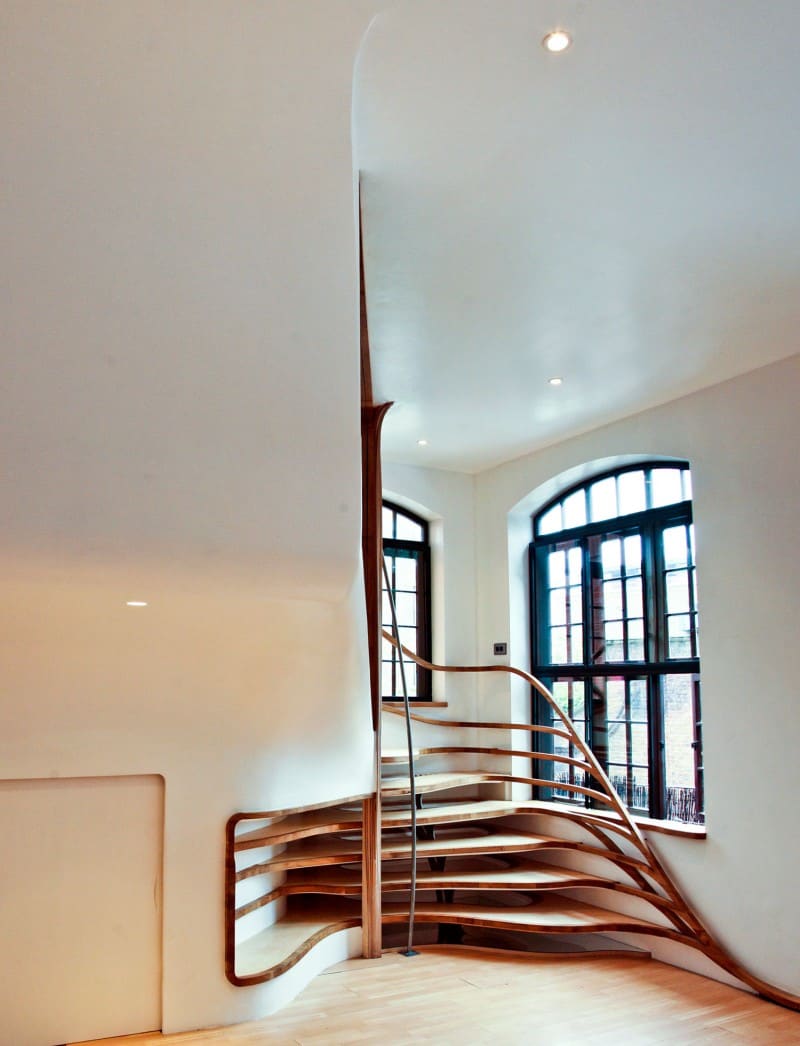 organic shaped wooden spiraling staircase 2