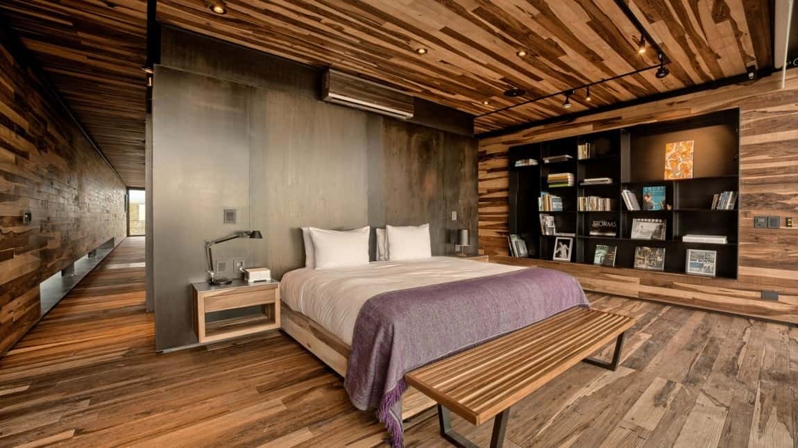 bedroom interior with wooden furniture