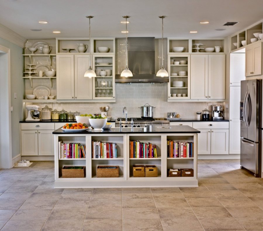 rustic-white-kitchen-theme-with-catchy-glass-pendant-lamps-and-shabby-tile-floor